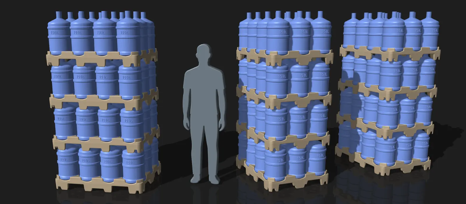 Ön ve yan istif; sağda 170 cm silüet ile ölçek